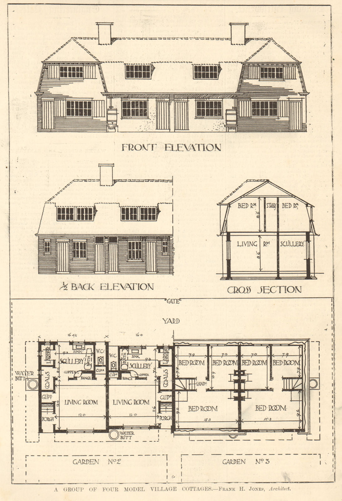 Model village cottages. Frank H. Jones, Architect. Elevation section plan 1907